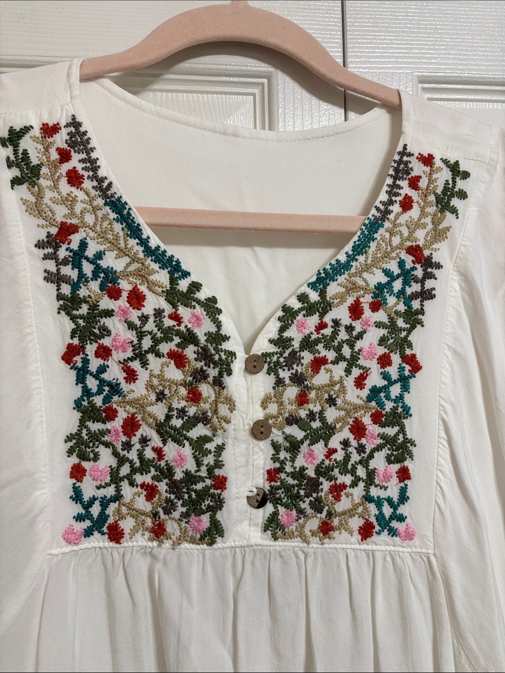 White Embroidered Mini Dress with Multicolor Floral Yoke and Contrast Hem - Picture 2 of 11